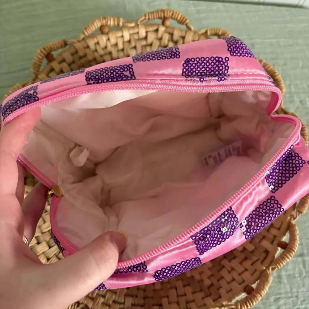 Pink and Purple Checkered Sequin Makeup Bag
